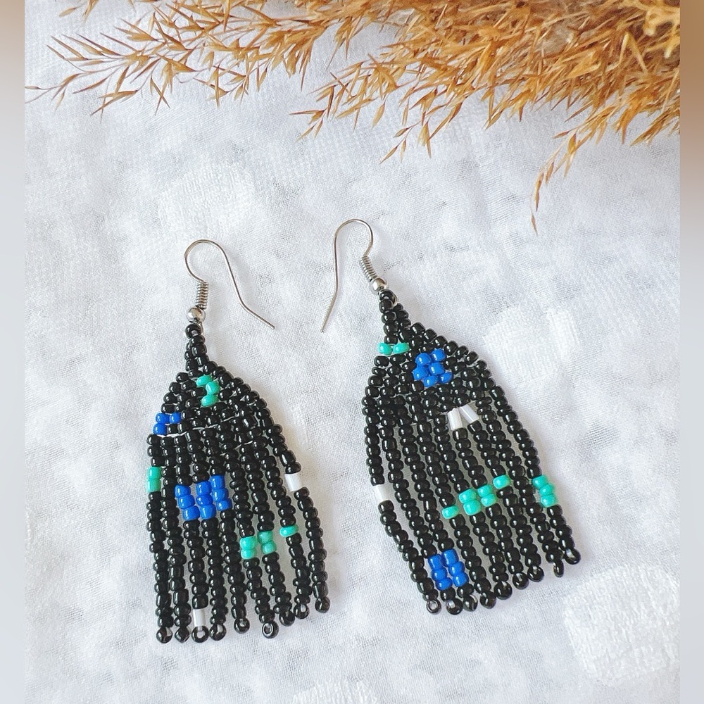 Black Green Beaded Handwoven Fringe Earrings